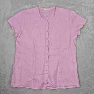 100% Irish Linen Eileen Fisher S Petite Pink Button Front Short Sleeve Blouse